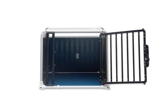 Opened Alu4pets ECO 4 dog crate with blue interior, door with bars open to the side.