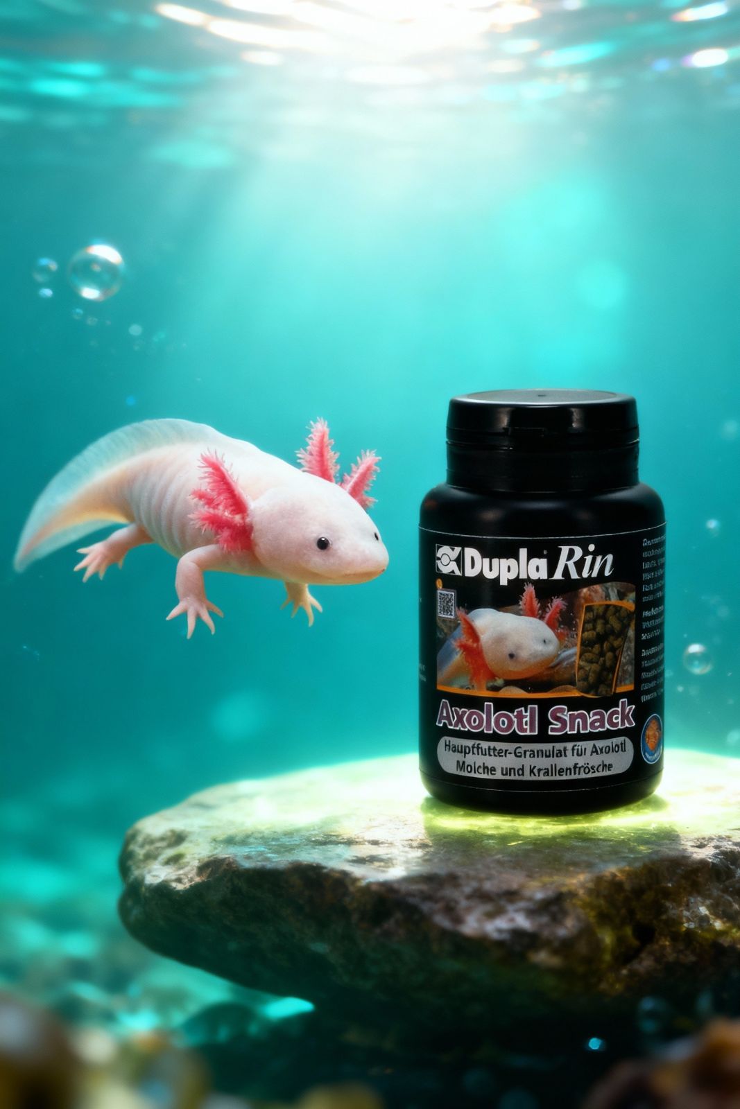 Photo sous-marine : Axolotl à côté d'une boîte DuplaRin Axolotl Snack sur une pierre. Des bulles montent.