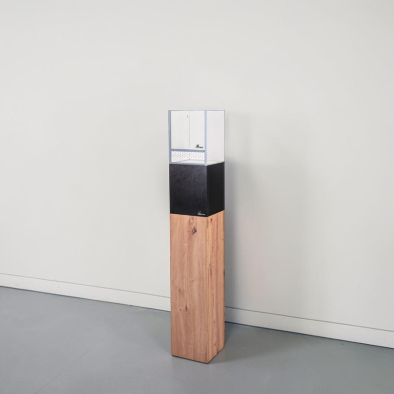 Tall, slender display stand in three parts: bottom, light-coloured wood plinth with grain; above, a cubic black block; top, a glass display cabinet with a white back panel. Inside is a small white object with black dots.