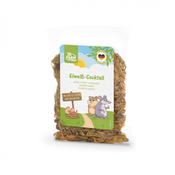 Emballage transparent d'JR Farm, cocktail protéiné, aliment riche en protéines pour petits animaux. Contenant des insectes et larves bruns séchés. Étiquette : paysage avec un hamster et une souris, « Extra riche en protéines ».