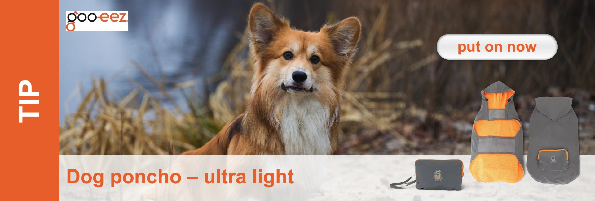 Bright corgi dog looks into the camera, next to it a grey dog poncho with orange accents. Text says "Dog poncho - ultra light".
