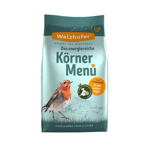 Verpackung Welzhofer Körner-Menü mit Rotkehlchen. Text: Energiereiches Ganzjahres-Vogelfutter für Gartenvögel.