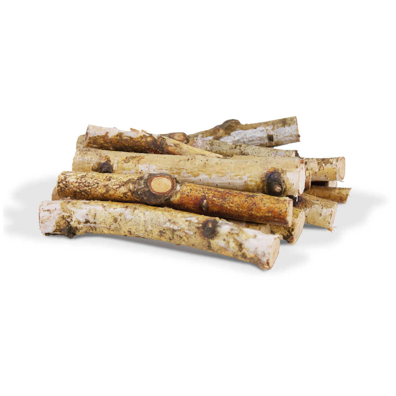 A pile of small, debarked logs lies haphazardly on top of one another. The light-coloured, slightly flaking bark shows patches and knotted areas. The cut ends are visible and reveal light-coloured wood with subtle shading.