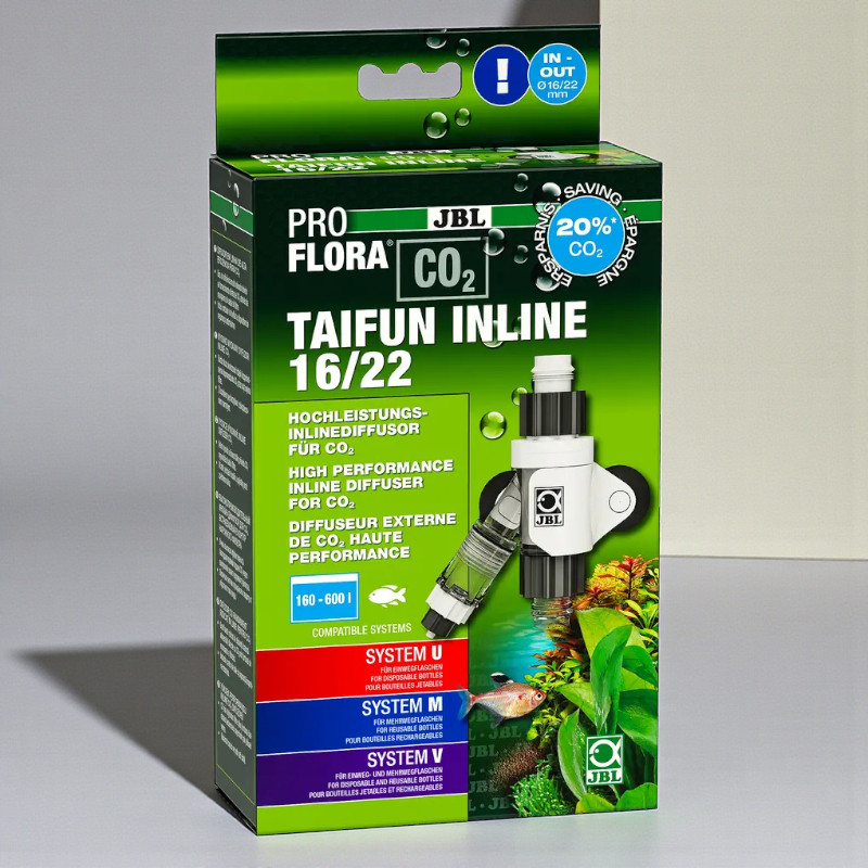Verpackung des JBL Taifun Inline CO₂ Diffusors mit Produktbild und Aquarium im Hintergrund.
