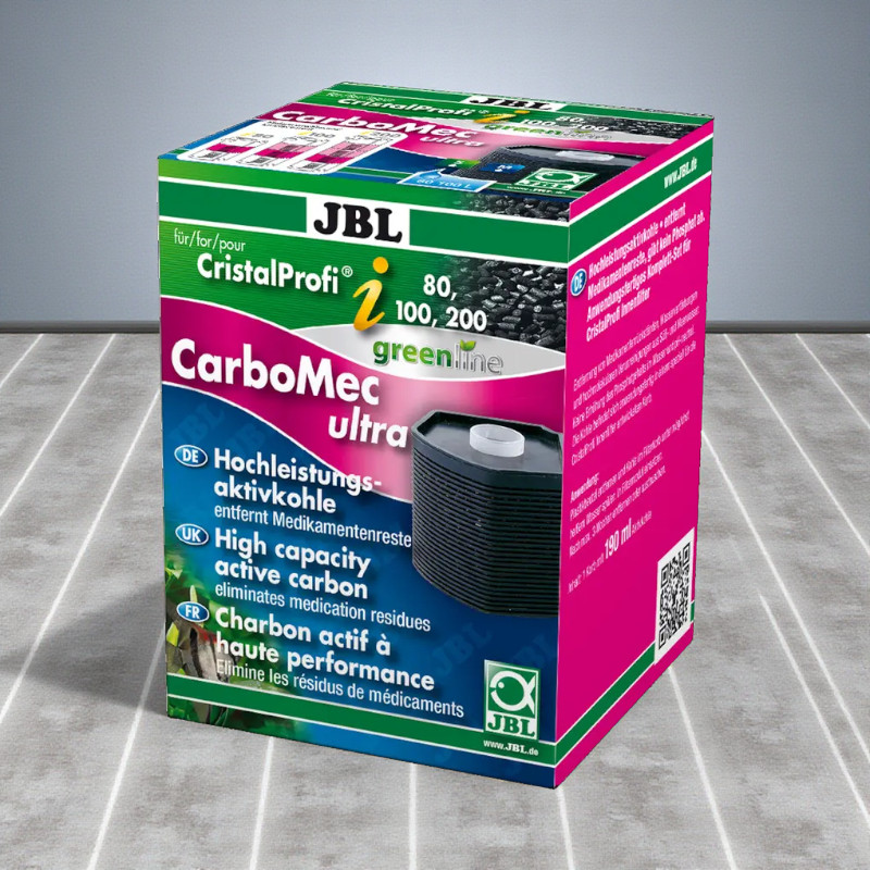 Verpackung JBL CarboMec ultra i60/i80/i100/i200. Hochleistungsaktivkohle im Filterkorb. Entfernt Medikamentenrückstände.