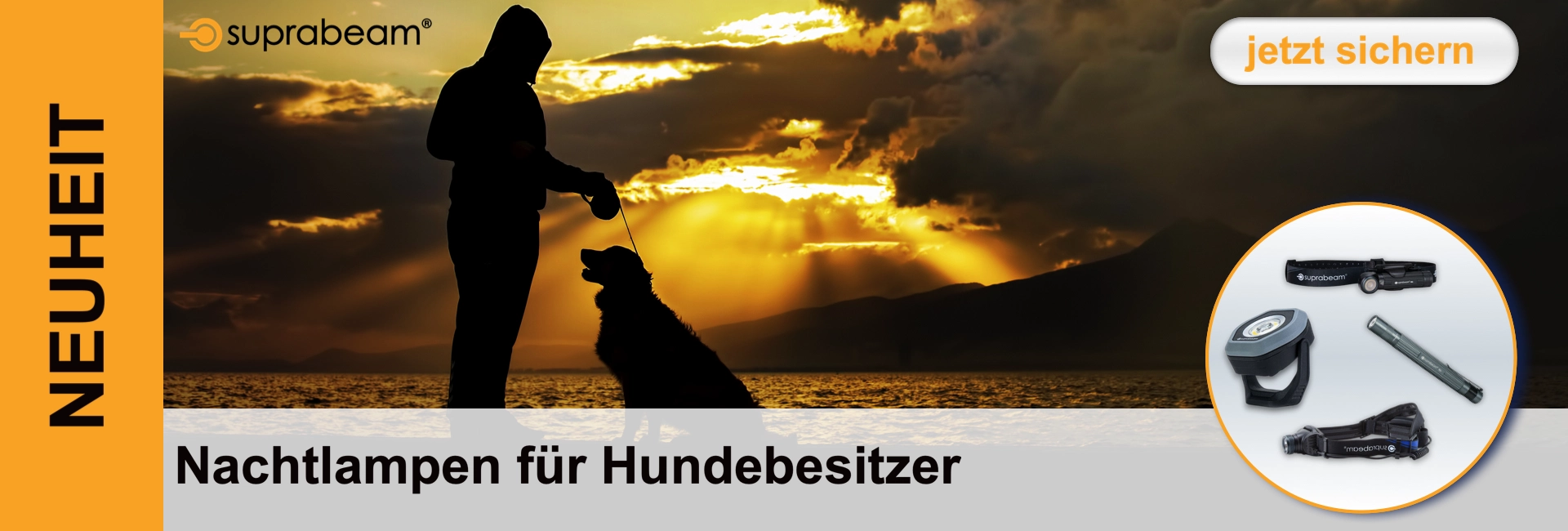 Silhouette di una persona con un cane al guinzaglio davanti a un tramonto sull'acqua, lampade accanto.