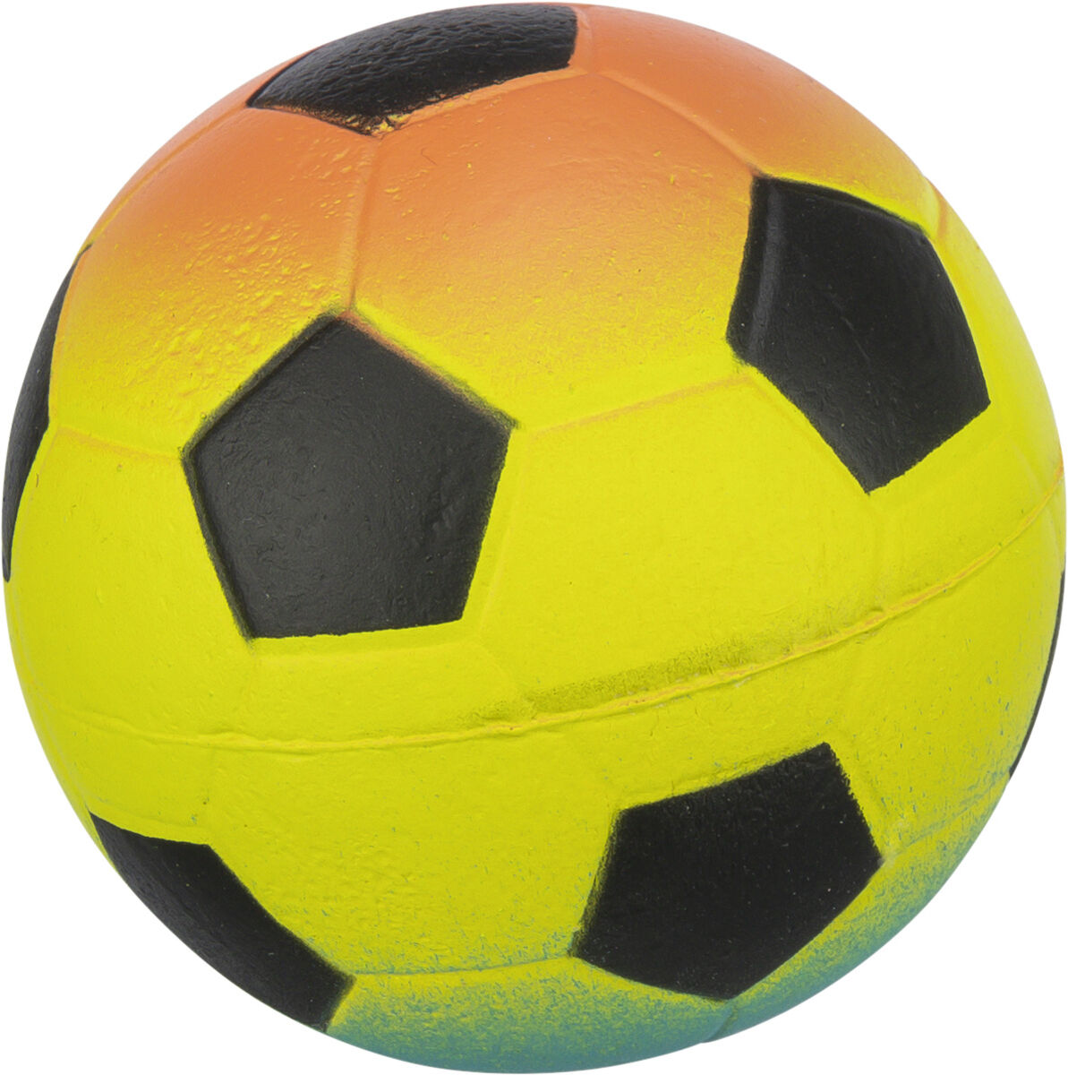 Pallone da calcio rotondo con sfumatura vivace dall’arancione brillante in alto al giallo chiaro, fino al turchese delicato in basso. Pentagoni ed esagoni neri distribuiti uniformemente. Morbido, leggermente ruvido al tatto.