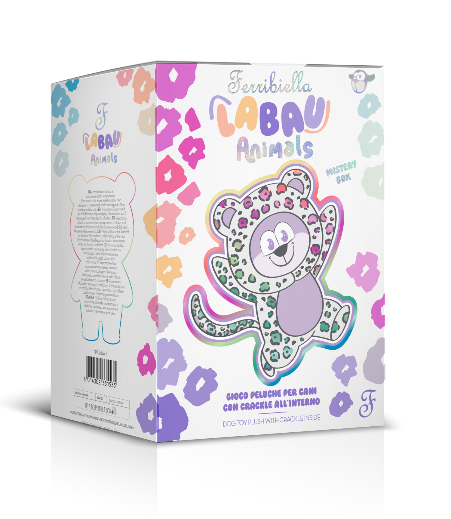 Ferribiella Labau ‘ Animals ’ Mystery Box: a white cube-shaped package with leopard spots in pink, purple, orange and blue. On the front is a purple and green patterned cartoon soft toy with big, smiling eyes. Note: Dog toy with a crackling effect.