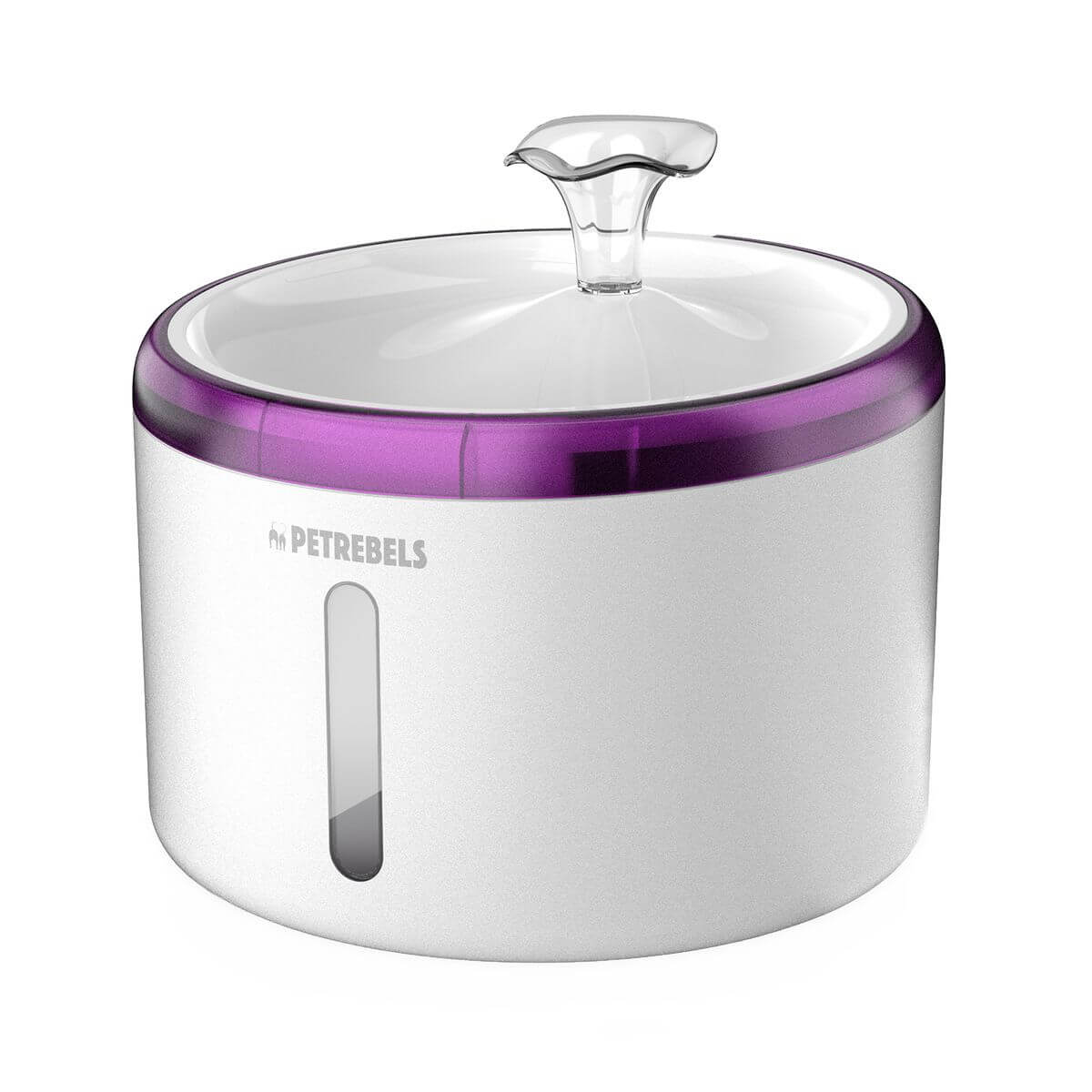 Weiße, zylinderförmige Haustier-Trinkfontäne mit lila Rand, Wasserstandsanzeige und durchsichtigem Auslauf. "Petrebels" Schriftzug.