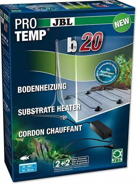 Emballage du câble de chauffage de fond JBL ProTemp b20 avec chauffage de fond d'aquarium et accessoires.