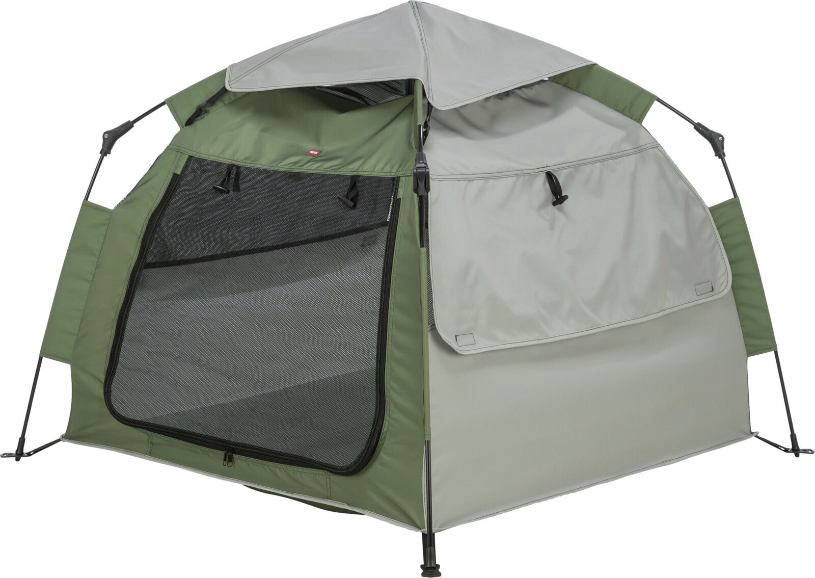 Robusta tenda per animali domestici verde scuro/grigio chiaro. A sinistra entrata in rete nera apribile per ventilazione. Lato destro in tessuto grigio chiaro con patta fissa. Tetto grigio con pali neri, ideale all'aperto.