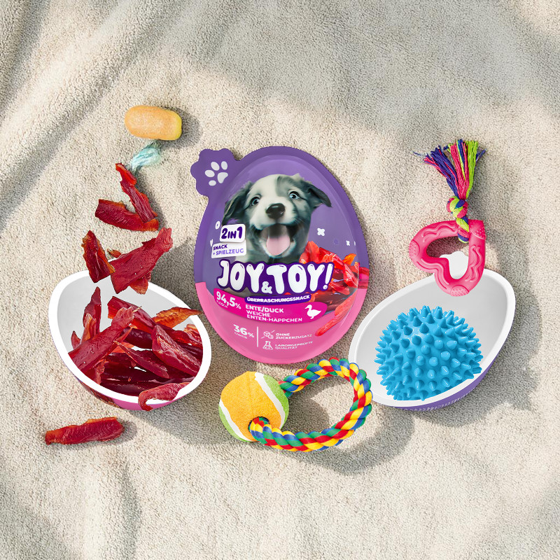 Lila JOY & TOY! Hundesnack- und Spielzeugpaket mit lachendem Welpen, umgeben von Entenhäppchen in Schale, einem blauen Spikeball, einem Tennisball-Seilspielzeug, einem pinken Herz-Kauspielzeug und einem knochenförmigen Keks auf hellem Hintergrund.
