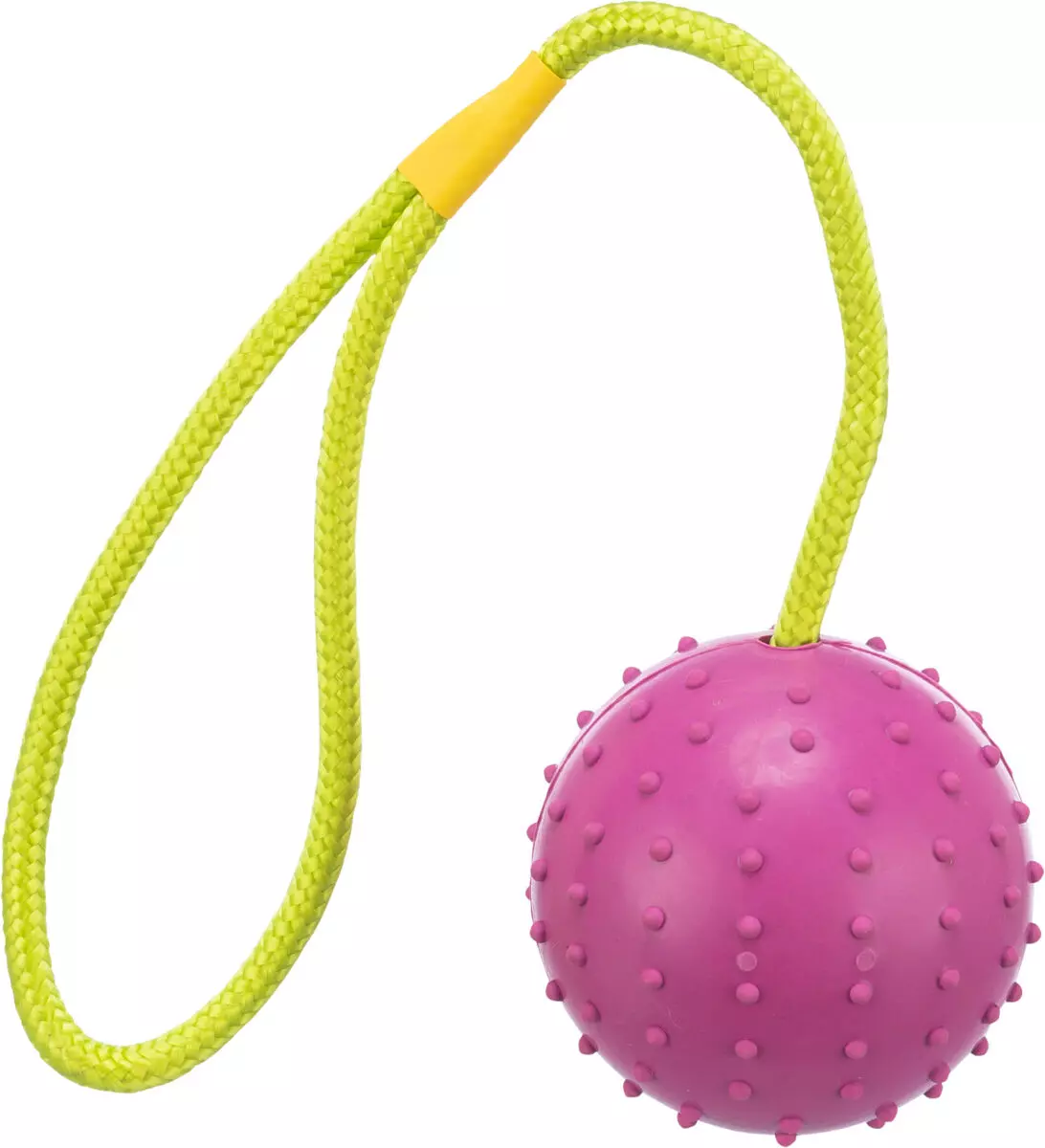 Trixie Giocattolo: pallina rosa in gomma piena con protuberanze, attaccata a una corda verde chiaro con impugnatura gialla.