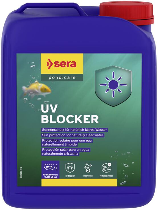 Blauer Kanister Sera Pond UV Blocker mit Etikett mit Text und Symbolen, darunter Fisch und Sonne.