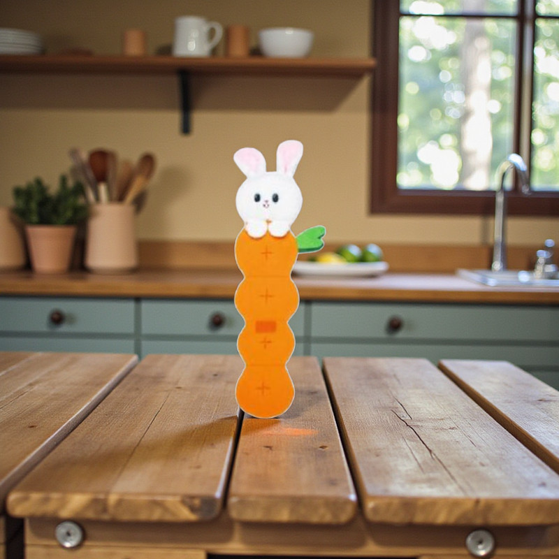 Plüschtier Karotte mit Hasenkopf und Verstecken auf einem Holztisch.