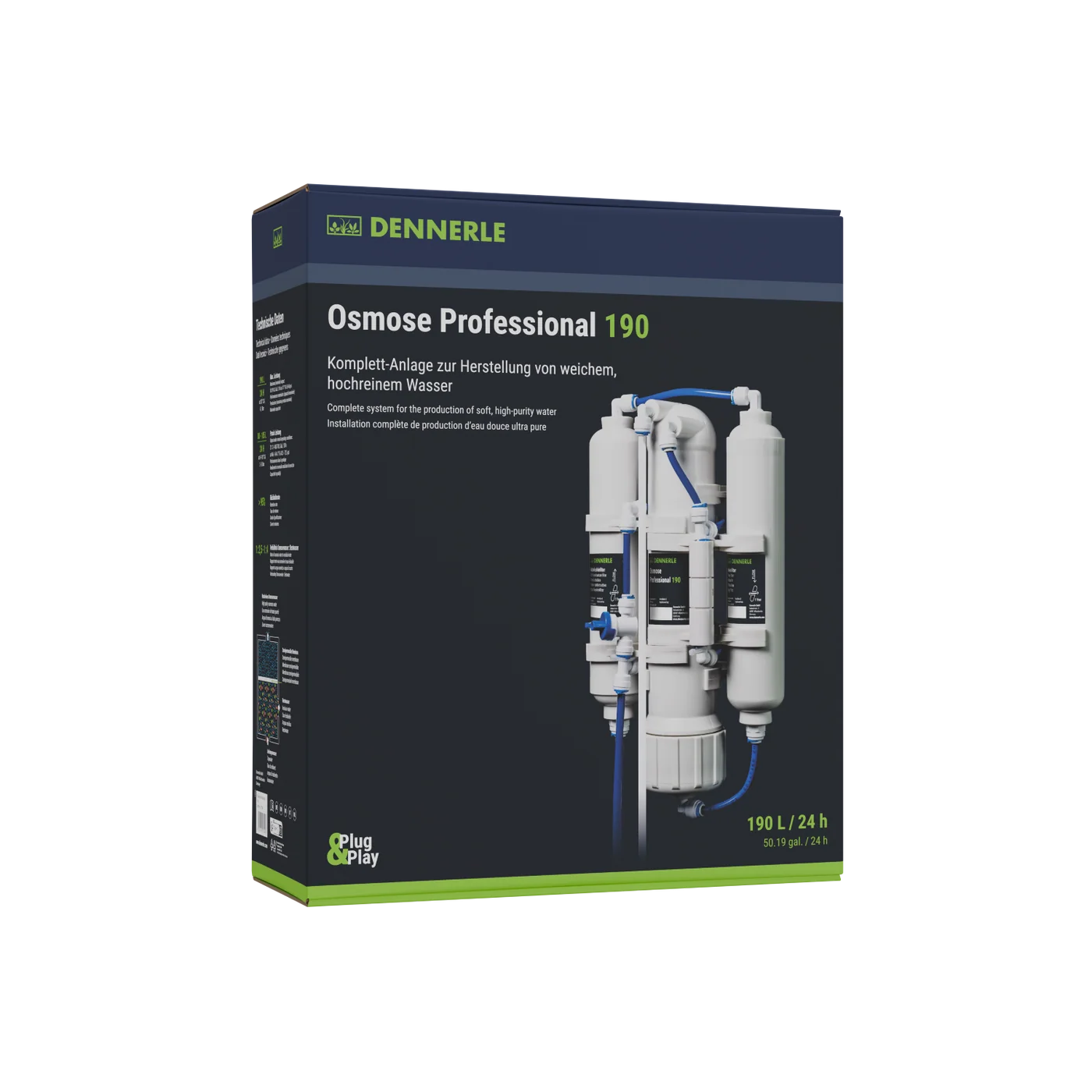 Packaging for the Dennerle Osmose Professional 190 system: reverse osmosis system with white cylindrical filters and blue hoses. Dark grey box with green accents, featuring the words ‘Plug & Play’ and ‘190 L/24 h’.