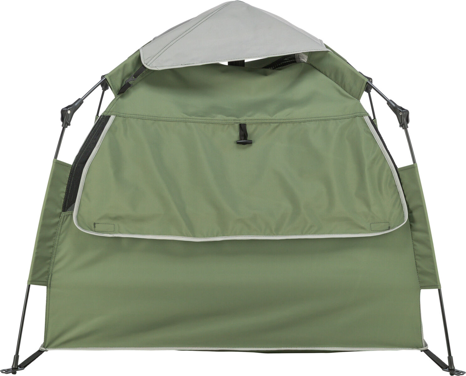 Tenda pop-up compatta verde scuro, triangolare, con tetto grigio chiaro e pali neri. Parte anteriore con pannello verde, bordo grigio e chiusura nera. Finestre laterali in rete nera per ventilazione. Protezione solare portatile per esterni.