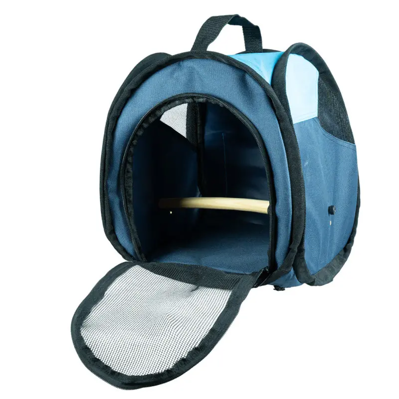 Opened, blue bird travelling bag with mesh window and perch.
