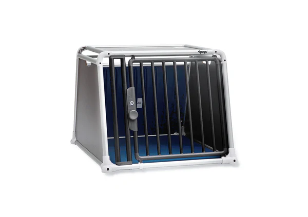 ECO 4 dog crate: Grey dog transport crate with mesh door and blue rear panel, closed at the sides.