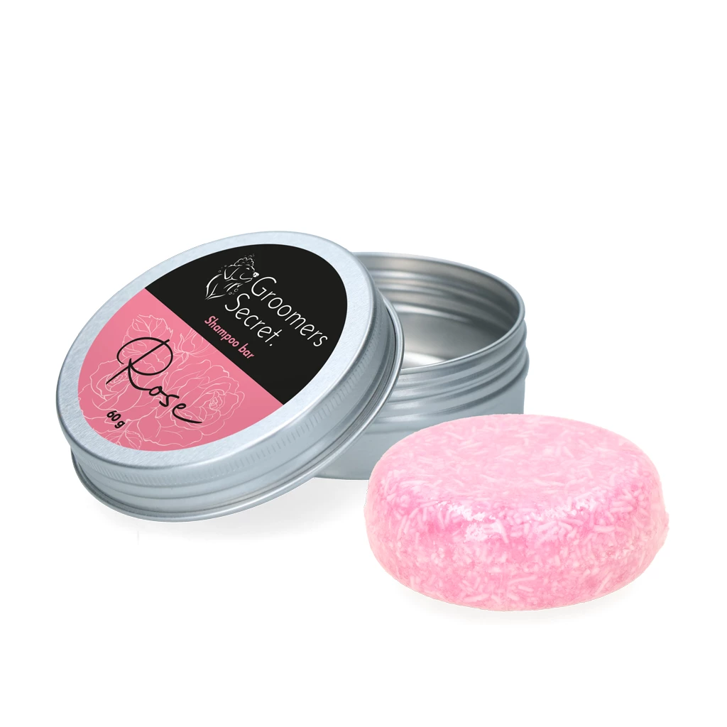 Barre de shampooing rose en boîte "Rose" de Groomers Secret pour le soin du pelage des chiens, végétalien, non testé sur les animaux.