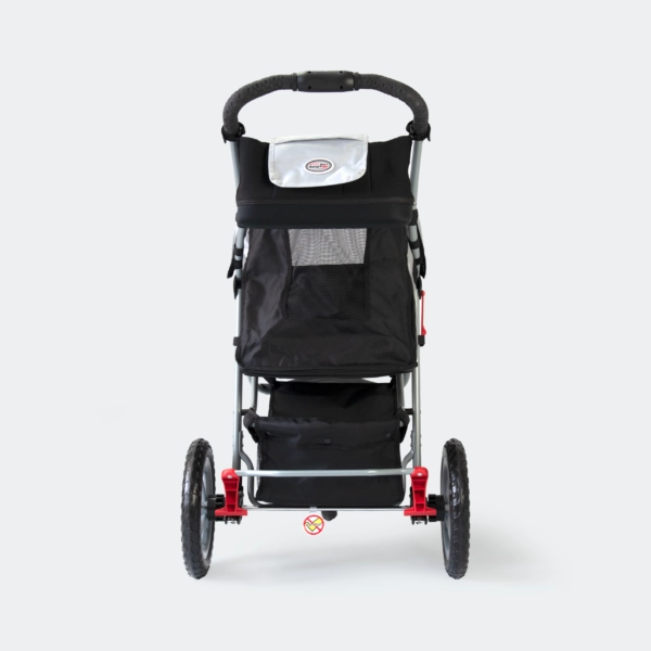InnoPet Buggy Comfort EFA, vista posteriore. Il passeggino per cani è di colore nero, con tre ruote e un cestino portaoggetti.
