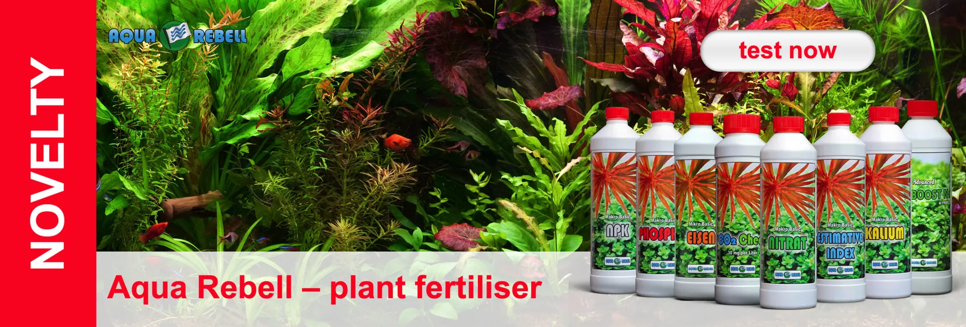 A colourful aquarium with fish and aquatic plants in the background. In front of it a row of white bottles with red lids and labels.