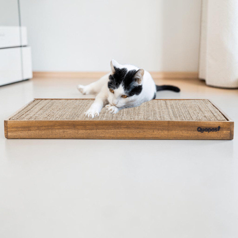 A black-and-white cat with amber-coloured eyes lies relaxed on a rectangular scratching board made of corrugated cardboard, set in a simple wooden frame. It is scratching the material with its right front paw. In the background is a brightly lit room.