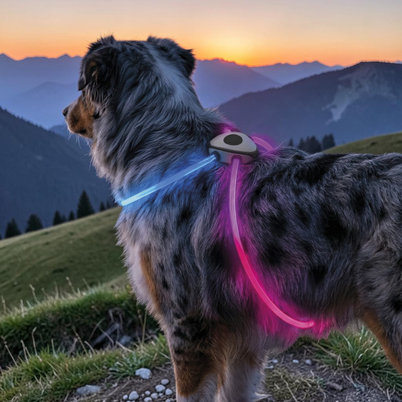 Un berger australien porte un harnais transparent à LED : bleu au cou, magenta sur le corps. De profil sur un sentier de montagne, il regarde le crépuscule, montagnes et coucher de soleil en arrière-plan. Visible.