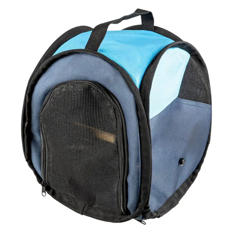 Blue and grey pet carrier bag with mesh window and carrying handle.