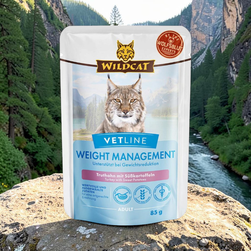 Wildcat Vetline Weight Management Cat Food: Turkey with sweet potatoes, grain-free, satiety formula, for weight loss (85g). Pack featuring a lynx’s face against a mountain landscape.