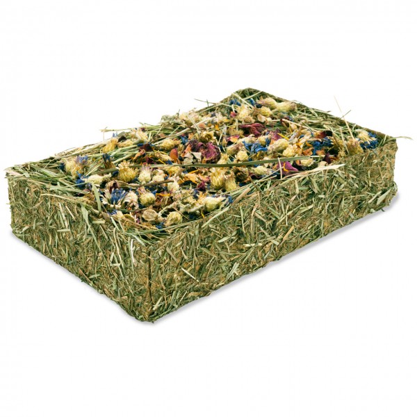 A rectangular block of compressed hay, generously sprinkled with dried colourful flowers and plant parts. These include blue cornflowers, yellow flower heads and reddish flower parts. Natural rodent food.
