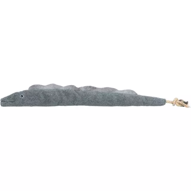 Grey plush eel with rope end as a dog toy from Trixie BE NORDIC Eel Karl.