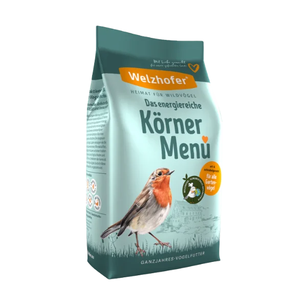 Verpackung Welzhofer Körner-Menü für Wildvögel mit Rotkehlchen-Illustration.