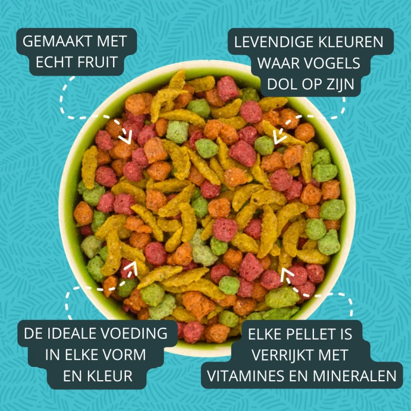 Palline colorate per uccelli in un packaging verde chiaro: pezzetti rossi, arancioni, gialli e verdi in diverse forme, come palline e briciole allungate. Con frutta, vitamine e minerali per un'alimentazione equilibrata.