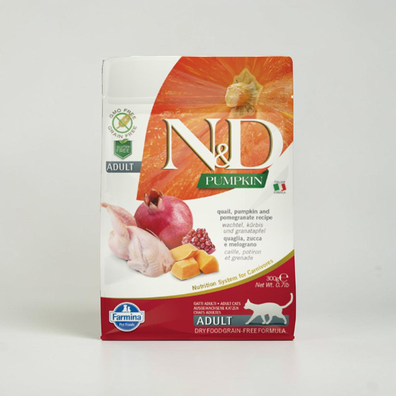Farmina N&D : pâtée/food chat adulte au potiron et grenade. Grain free, GMO free. Image : 2 cailles + potiron + grenade.