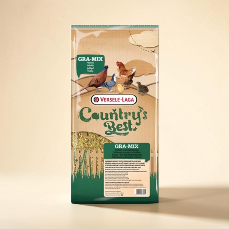 Un listing di mangime per uccelli "Versele Laga Country's Best GRA-MIX" è presentato su uno sfondo chiaro. La confezione mostra immagini di fagiani, colombe, galline, pulcini e quaglie. Nella parte inferiore è visibile la miscela di cereali.