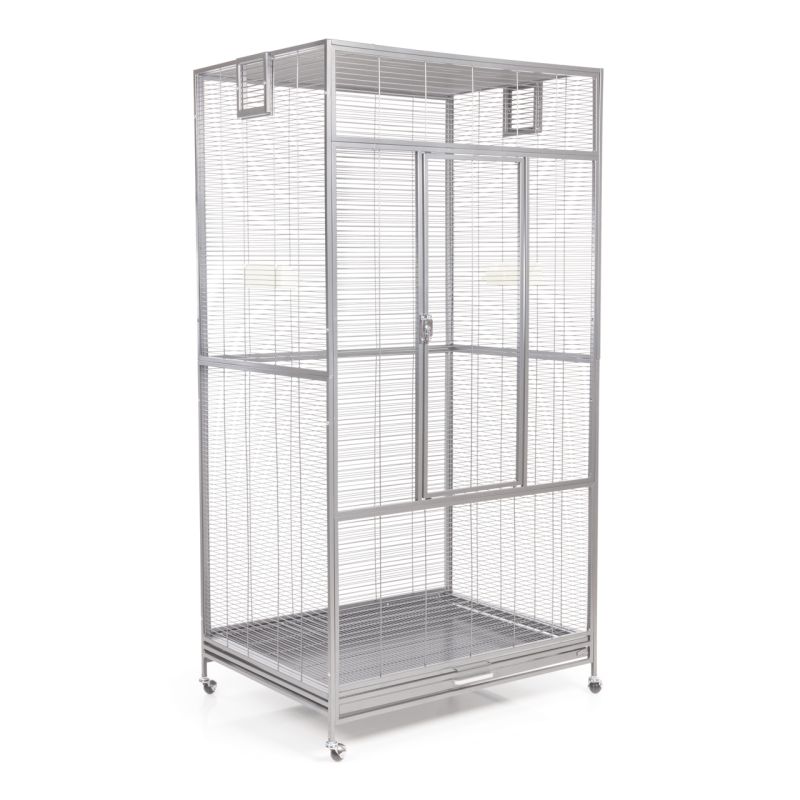 High, rectangular metal parrot cage with grid structure and castors.