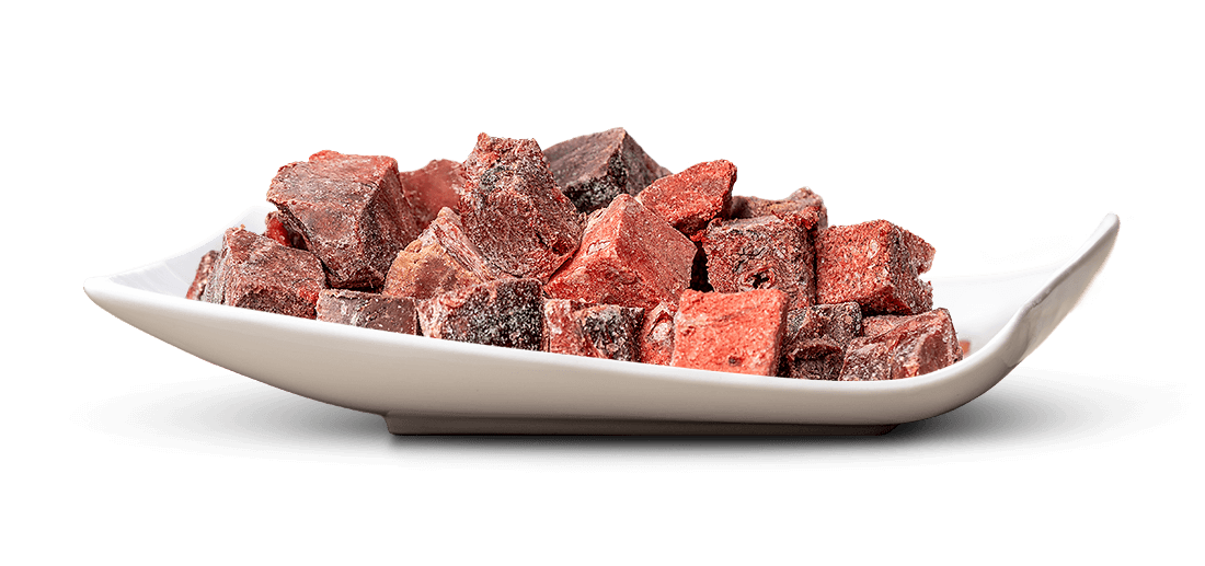 Tiefrote, unregelmäßig geformte Würfel aus gefrorenem Obst oder Gemüse, vermutlich Rote Bete oder dunkle Beeren, liegen auf einer länglichen, eleganten weißen Schale. Die Stücke sind frostig und bereit zum Auftauen.