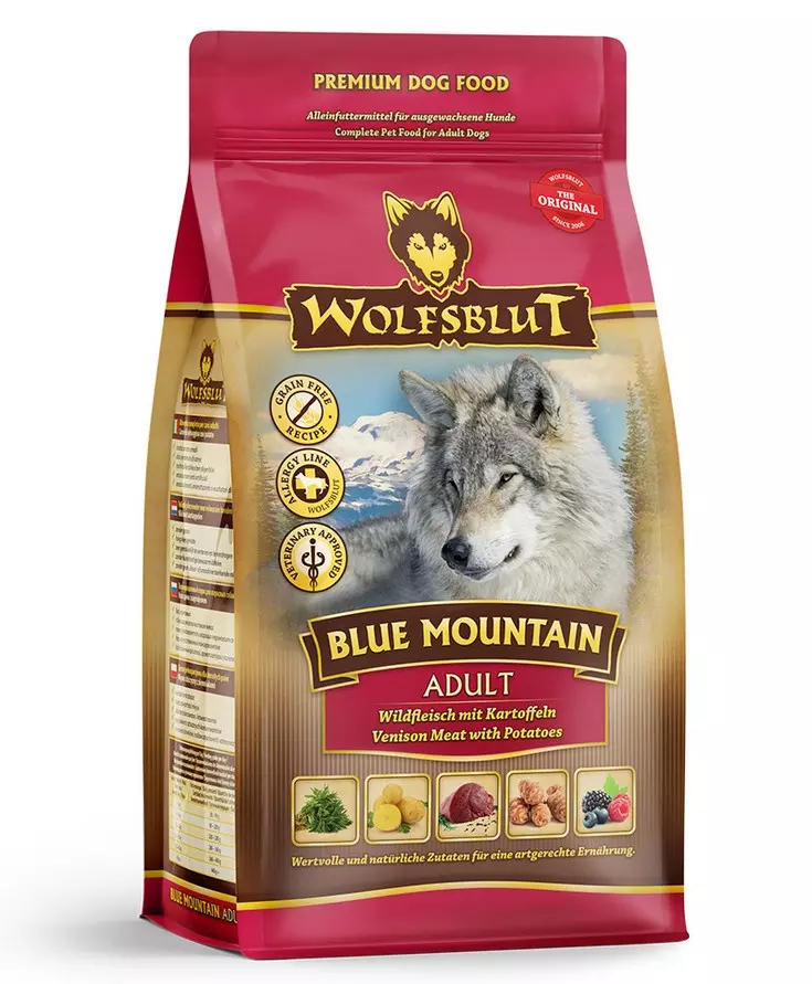 Emballage Wolfsblut Blue Mountain Adult nourriture pour chiens avec du loup, du gibier, des pommes de terre, des fruits des bois et des herbes.