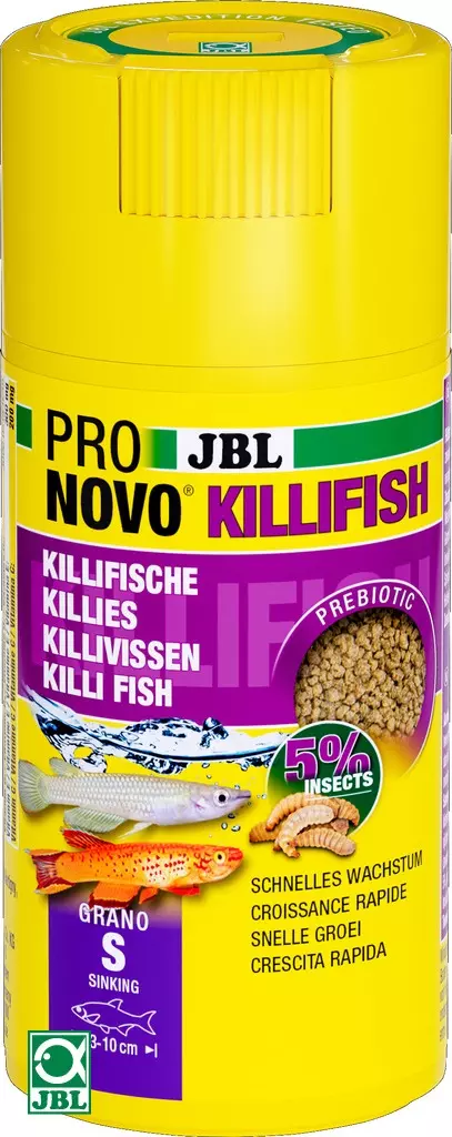 Boîte jaune JBL PRONOVO Killifish Grano S avec nourriture, poissons et illustration d'insectes.