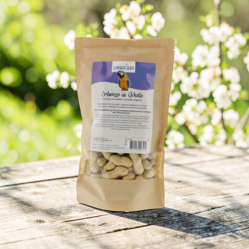 Brown stand-up pouch labelled 'Swiss Peanuts in Shell' on a rustic wooden table. Bottom window shows light-coloured peanuts in shells. A colourful parrot at the top of the label. Blurred background with green leaves and white flowers.