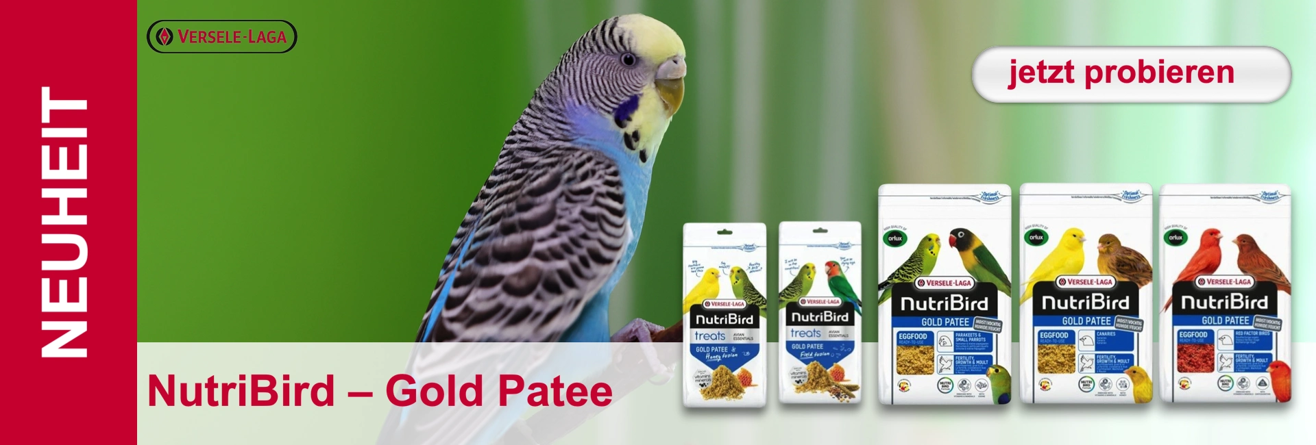 Un pappagallino si trova accanto a una confezione di cibo per uccelli, enfatizzato dallo slogan "provalo subito".