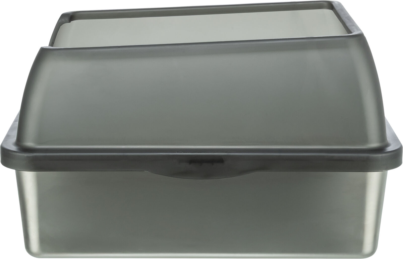 A rectangular, dark grey plastic container with rounded corners. It is sealed with a semi-transparent, domed lid with a dark rim running all the way round. There is a discreet recessed handle on the front of the lid.