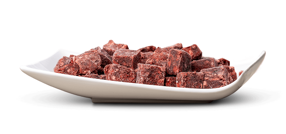 Dark red, roughly diced pieces with a light layer of frost lie in a shallow, elegant white dish. The irregular cubes appear slightly grainy, like frozen meat or fruit, against a pure white background.