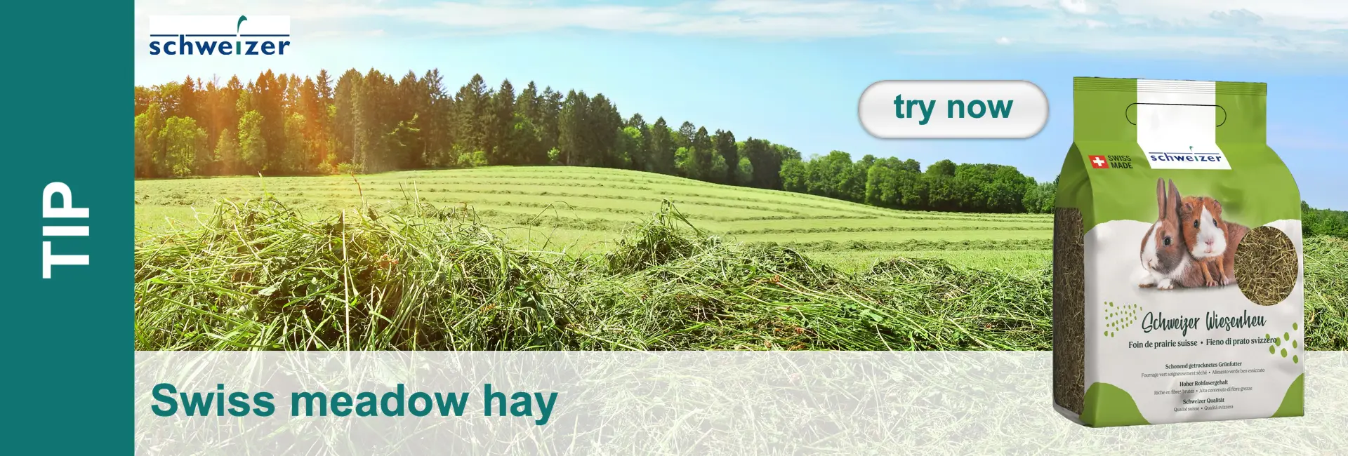 Meadow landscape with hay and product packaging for Schweizer Meadow hay featuring rabbits and guinea pigs.