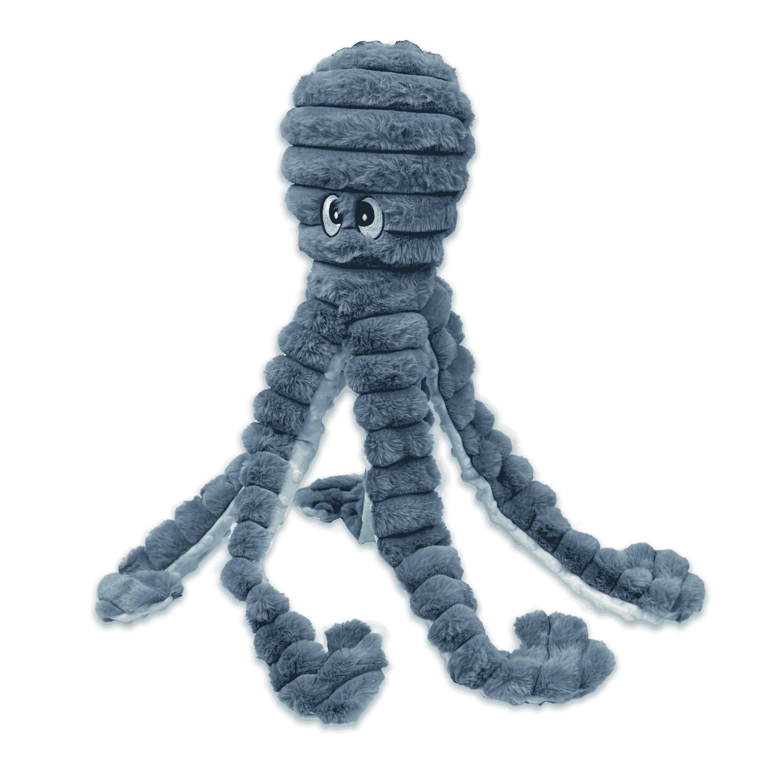 Großer, kuscheliger Riesen-Oktopus aus grauem Plüsch mit geripptem Körper und acht flexiblen, gerippten Tentakeln. Mit großen, freundlichen, weiß umrandeten Augen und schwarzen Pupillen; weich zum Spielen und Kuscheln.