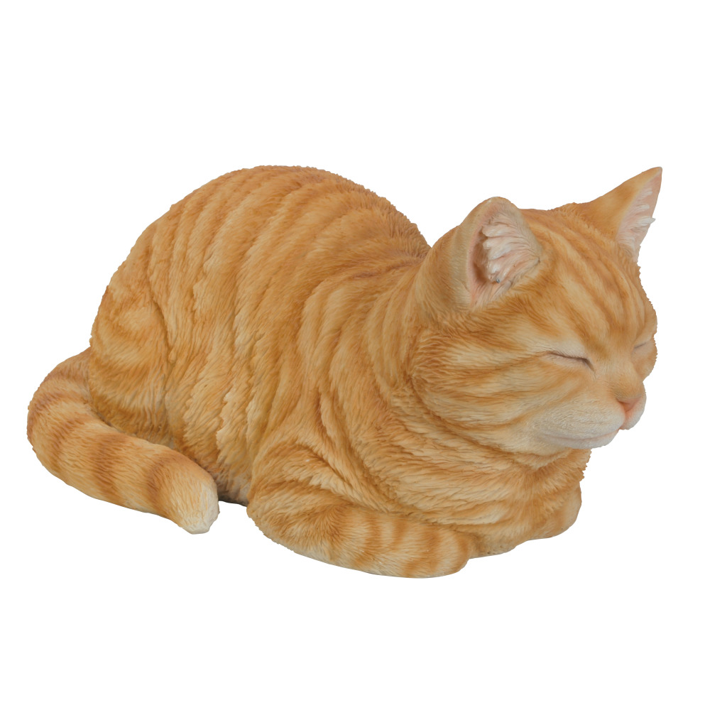 A beautifully detailed decorative figurine of a sleeping cat curled up. The orange fur features darker tabby stripes and looks very soft. The cat’s eyes are peacefully closed, as if it were having a sweet dream.