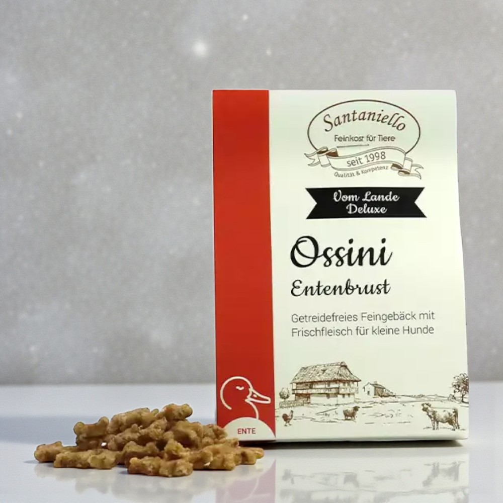 Packaging Ossini dog/cat snack with duck breast, plus heaps of treats. Imprint: Grain-free biscuit with fresh meat.