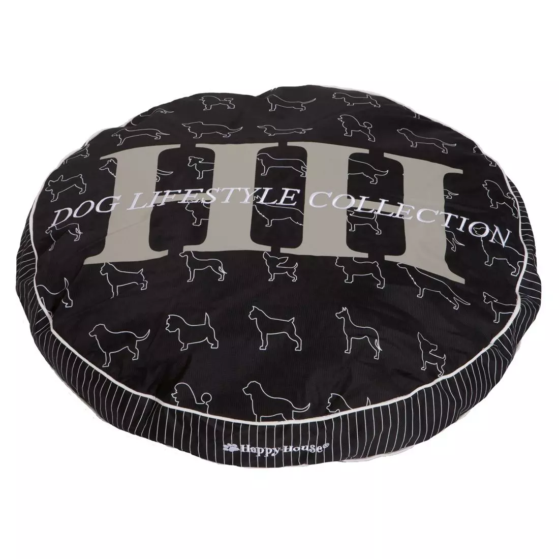 Rundes, schwarzes Hundekissen mit weißen Hundeprint und Schriftzug. Der Rand ist gestreift.