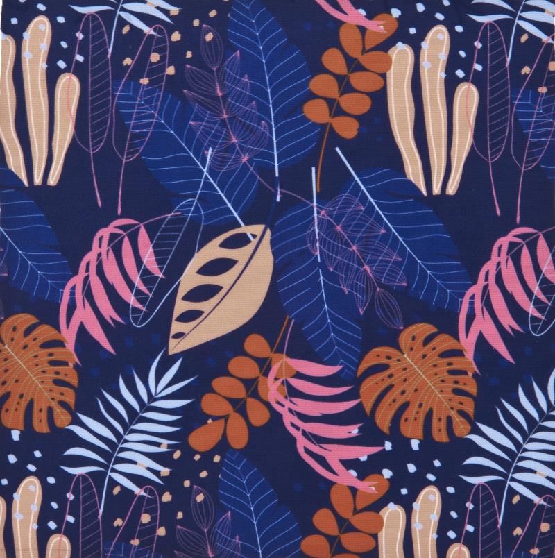 Collier martingale bleu pour chien KAMI motif de feuilles en marron, rose et blanc sur fond bleu.